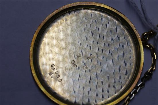 An 18ct two colour gold keyless dress pocket watch and an 18ct gold albert hung with a coin, medallion and 9ct gold swizzle stick,